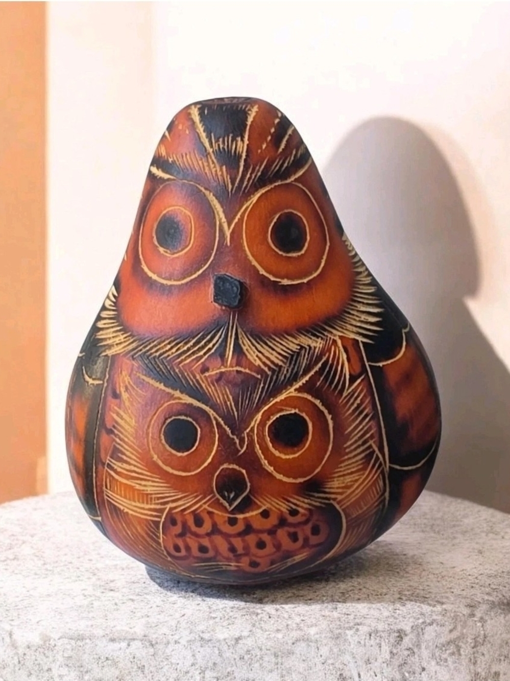 Peruvian Gourd Owl Rattle Hand Carved Pyrography Folk Art Bird Home Decor 3"